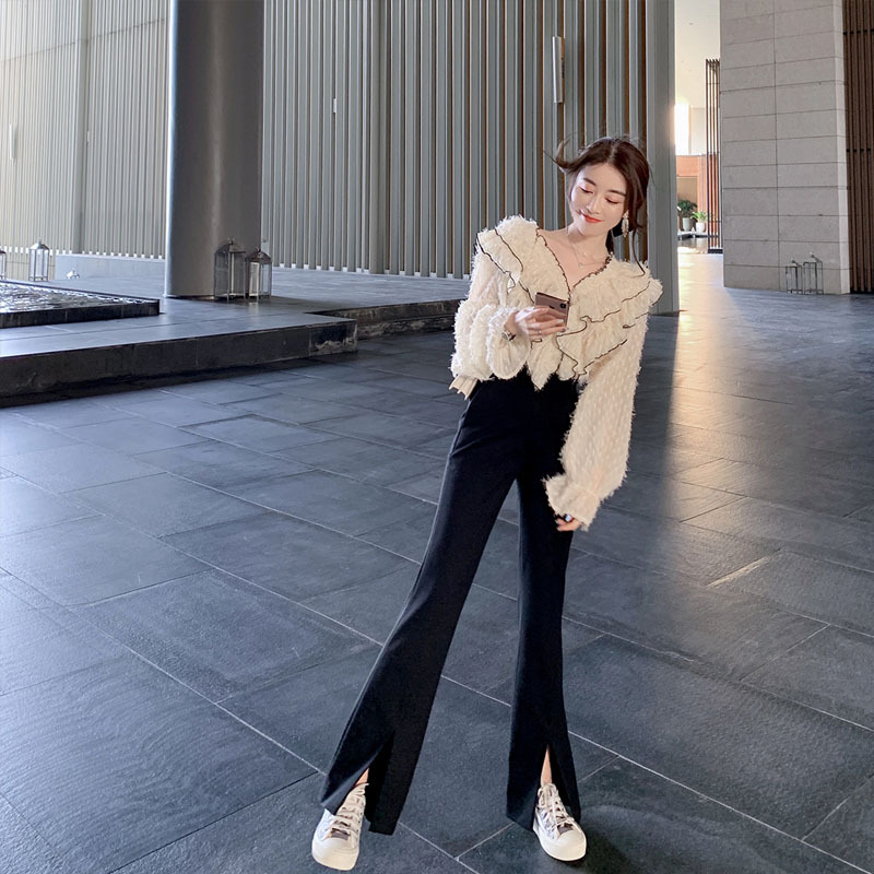 2021夏黑色开叉西装裤女宽松直筒垂感休闲分衩喇叭裤高腰阔腿裤子