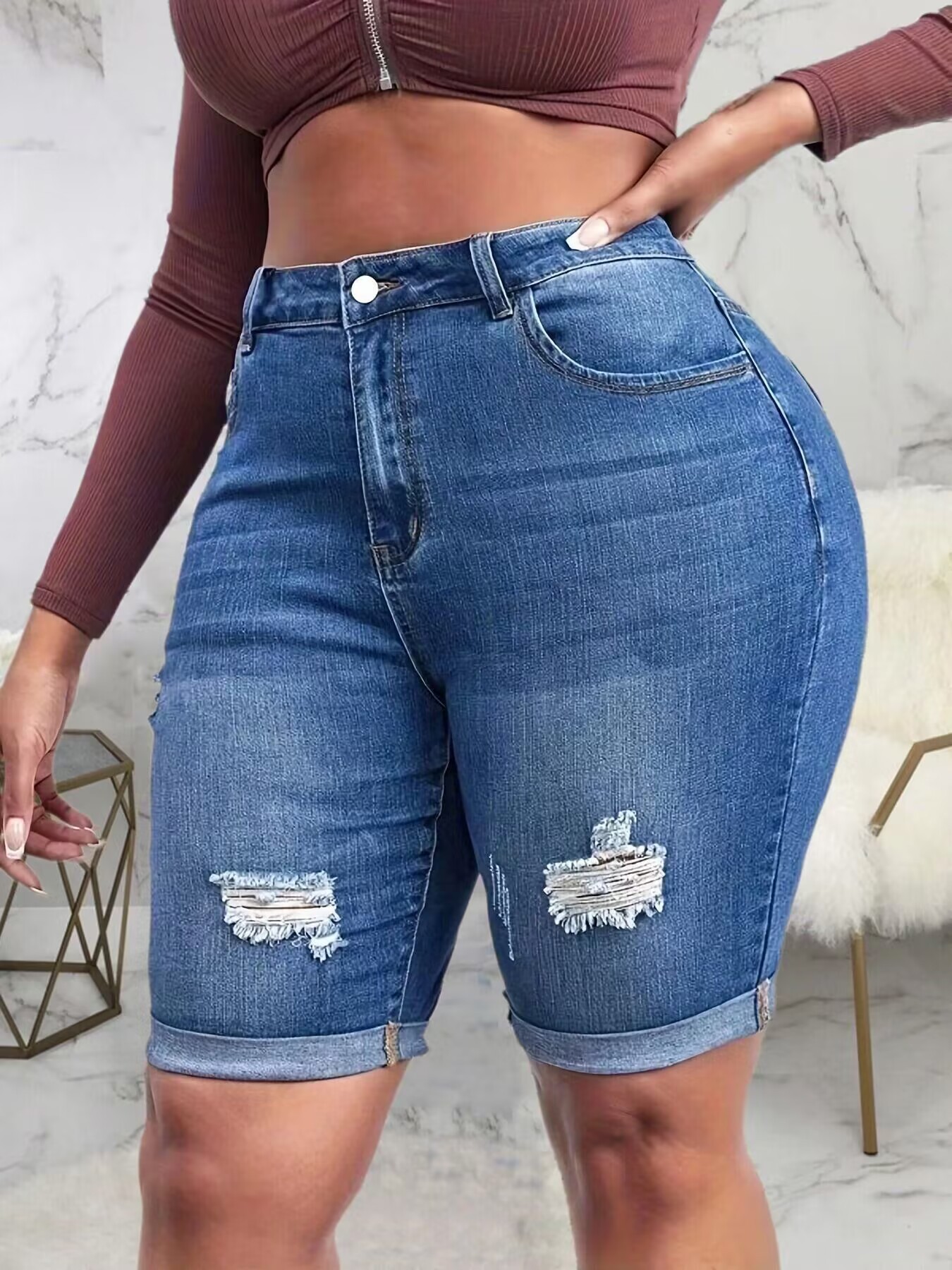   Cross-Border Supply 2023 Summer European and American ndependent Station New Ripped Curling arge Size Denim Shorts Elastic