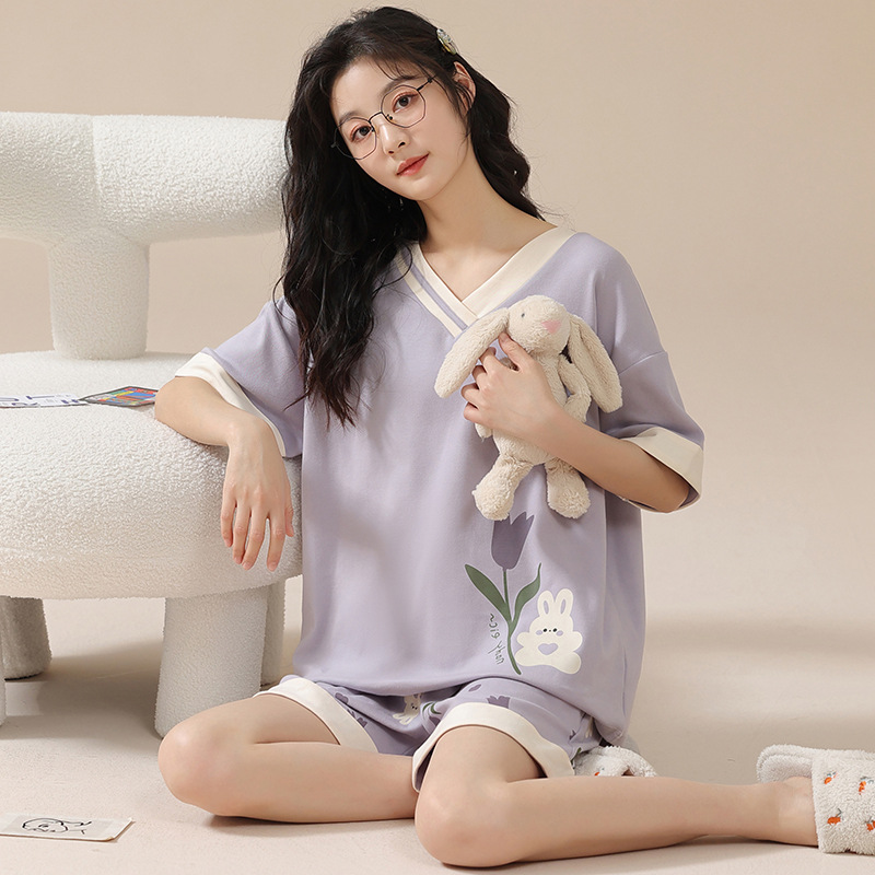 2023 New Cotton Pajamas Women's Summer Short-Sleeved Shirt and Shorts Suit Princess Style Sweet Fresh Doll Collar Homewear
