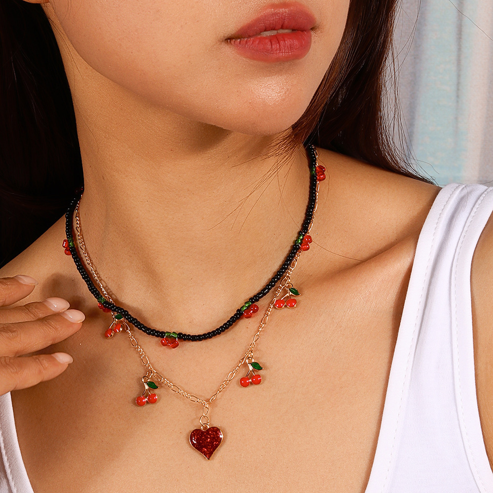 欧美跨境饰品新款简约合金项链樱桃爱心吊坠项链套装气质桃心项饰