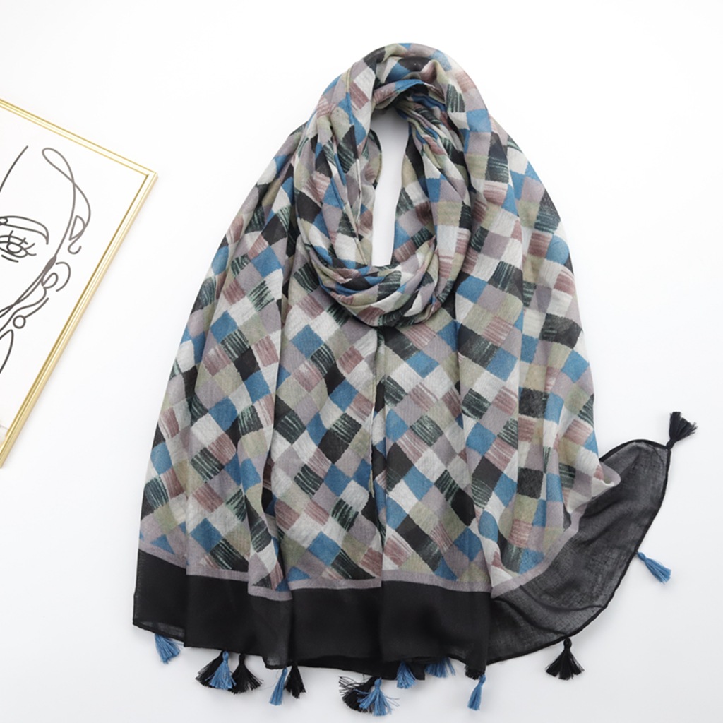 厂销外贸跨境撞色编织印花丝巾加密巴厘纱流苏长巾春夏围巾披肩