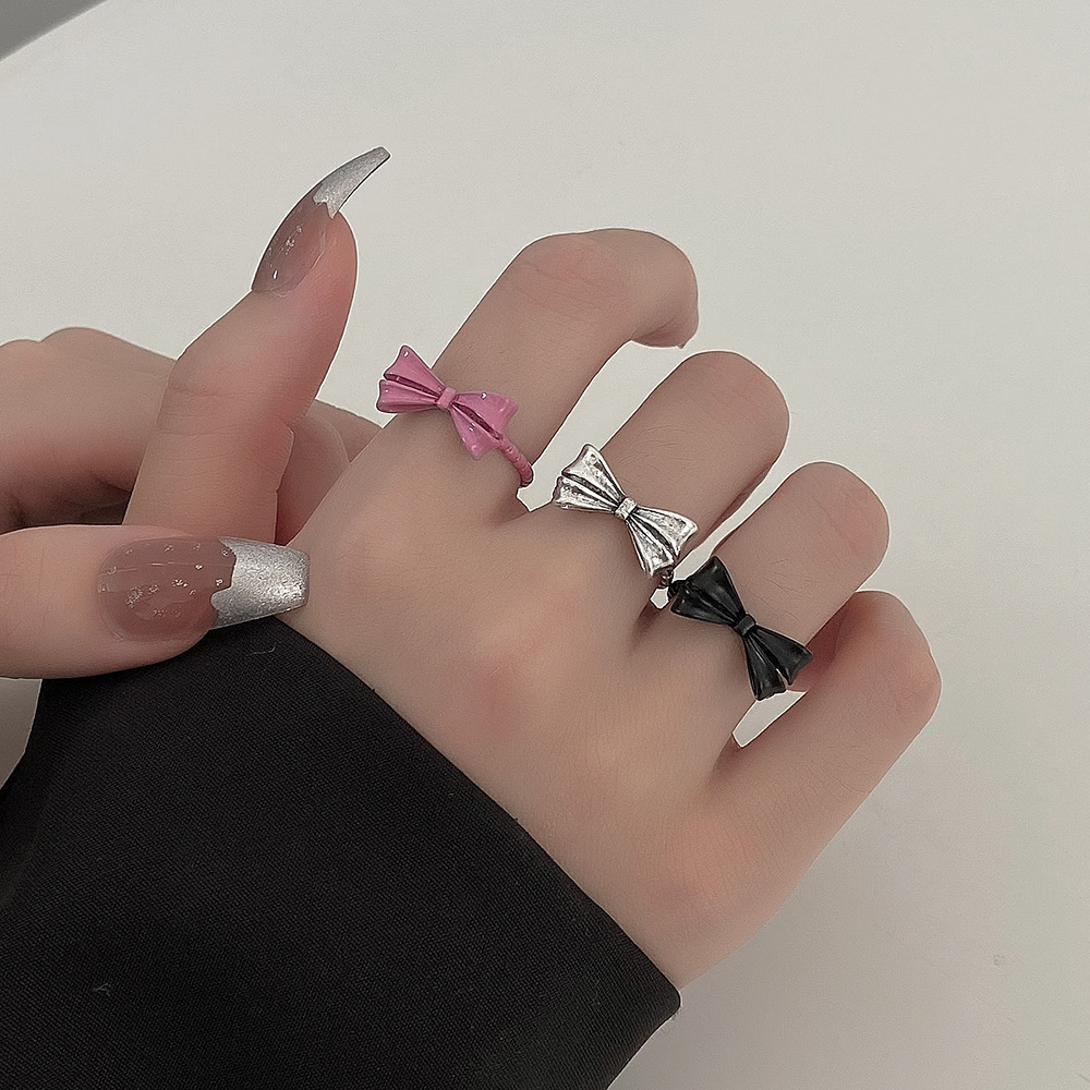日韩新款甜酷风蝴蝶结戒指ins网红同款小众设计复古做旧开口指环