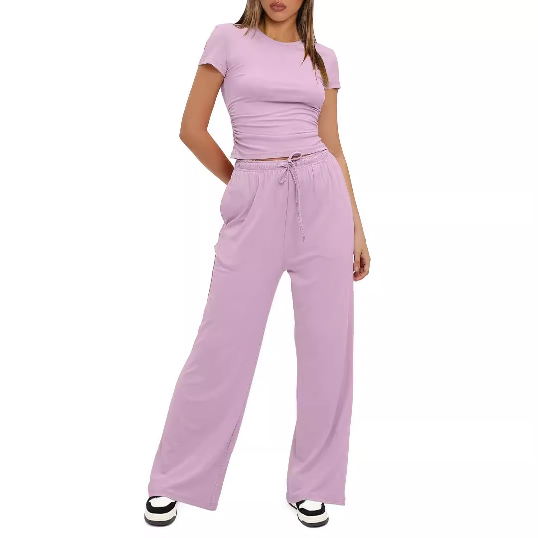 European and American New Amazon Women's 2-Piece Casual Suit Pleated Short-Sleeved Top High Waist Wide Leg Pants Sportswear Women Clothes