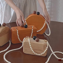 珍珠链条包单肩斜挎盒子包时尚百搭手拿包木质手工复古小方包