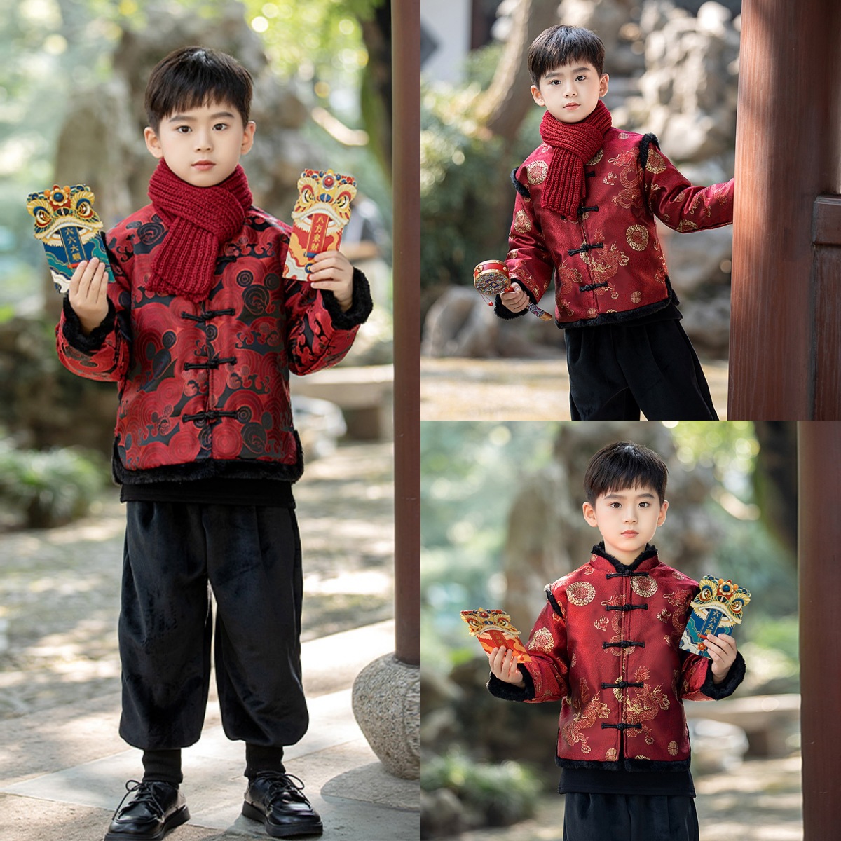 Children's New Year Clothes Fleece-lined Tang Suit Winter Boys Chinese Style Han Costume Two-Piece Set Student Ancient Costume Performance Clothes with Scarf for Free