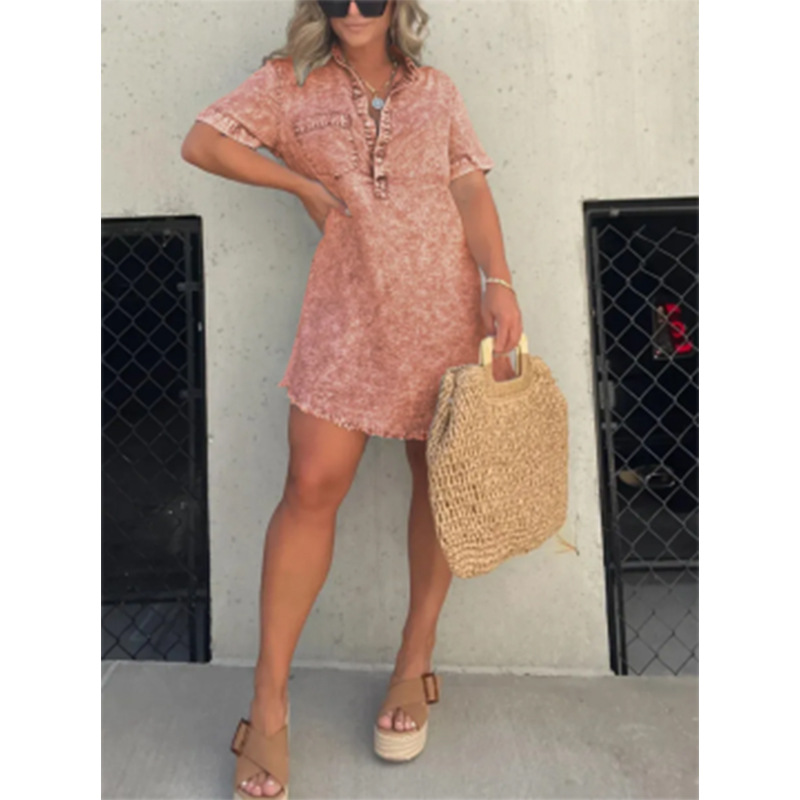 2023 New Arrival Europe and America Cross Border Amazon Summer Hot Selling Shirt Collar Denim Skirt Tassel Hem Dress Short Skirt