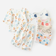 夏季儿童睡衣宝宝空调服薄款中袖纯棉婴儿套装7分袖夏天家居服