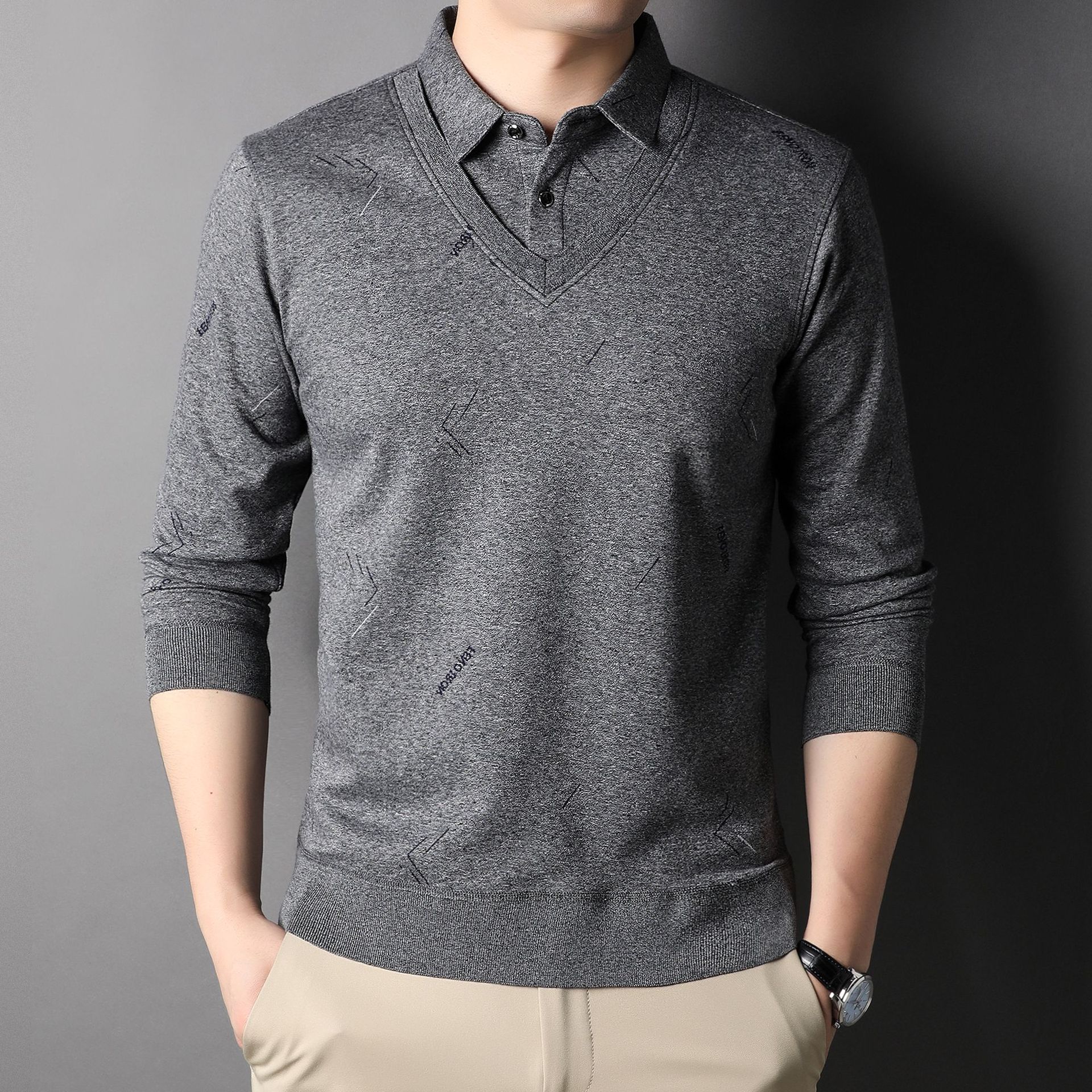 春秋季男士长袖假两件t恤衫 青年翻领条纹商务休闲polo衫厂家批发