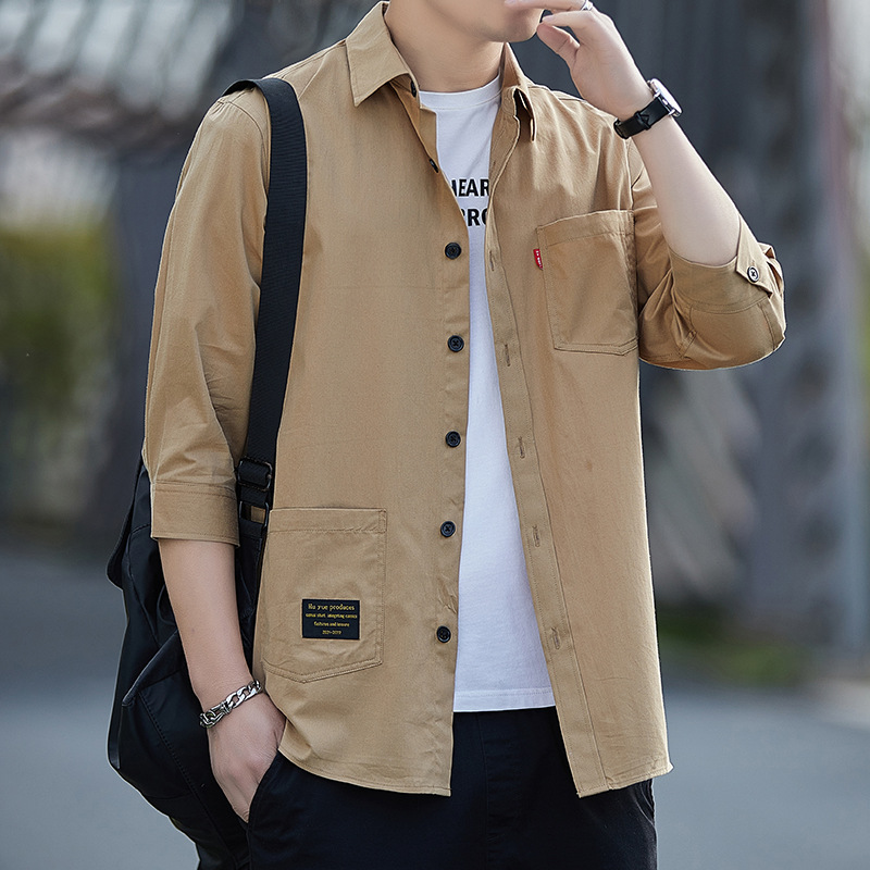 22夏季新款男士工装中袖衬衫休闲宽松版免烫商务衬衣男装外套