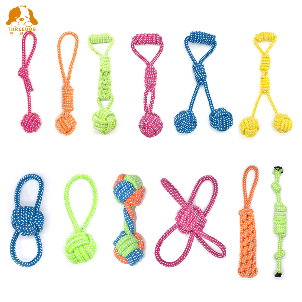 爆款宠物猫狗玩具棉绳绳结磨牙洁齿糖果色小狗玩具套装组合亚马逊