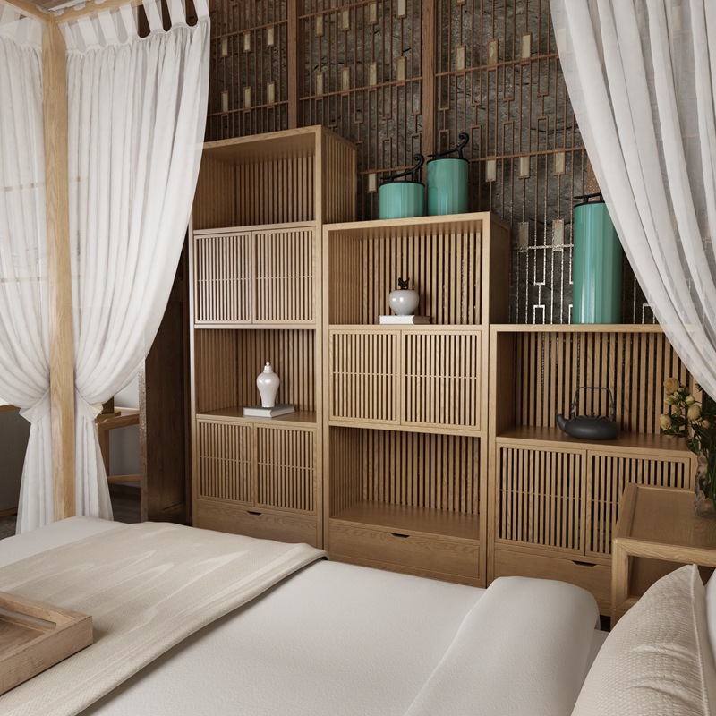 新中式现代简约卧室衣柜酒店别墅主卧置物架民宿禅意床边柜家具