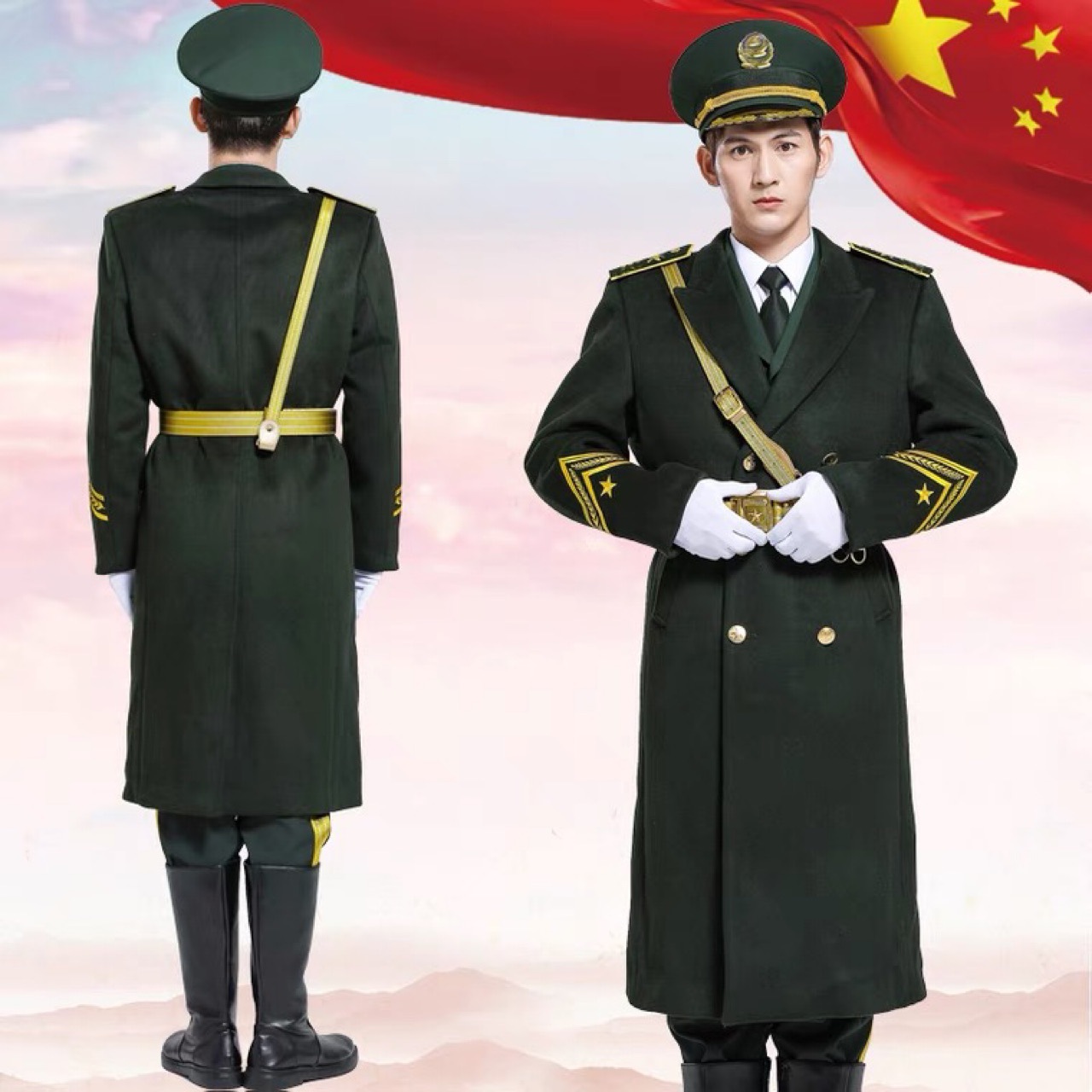 冬季新品升旗手仪仗队服装双面羊绒大衣防寒保暖迎宾长款毛呢礼服