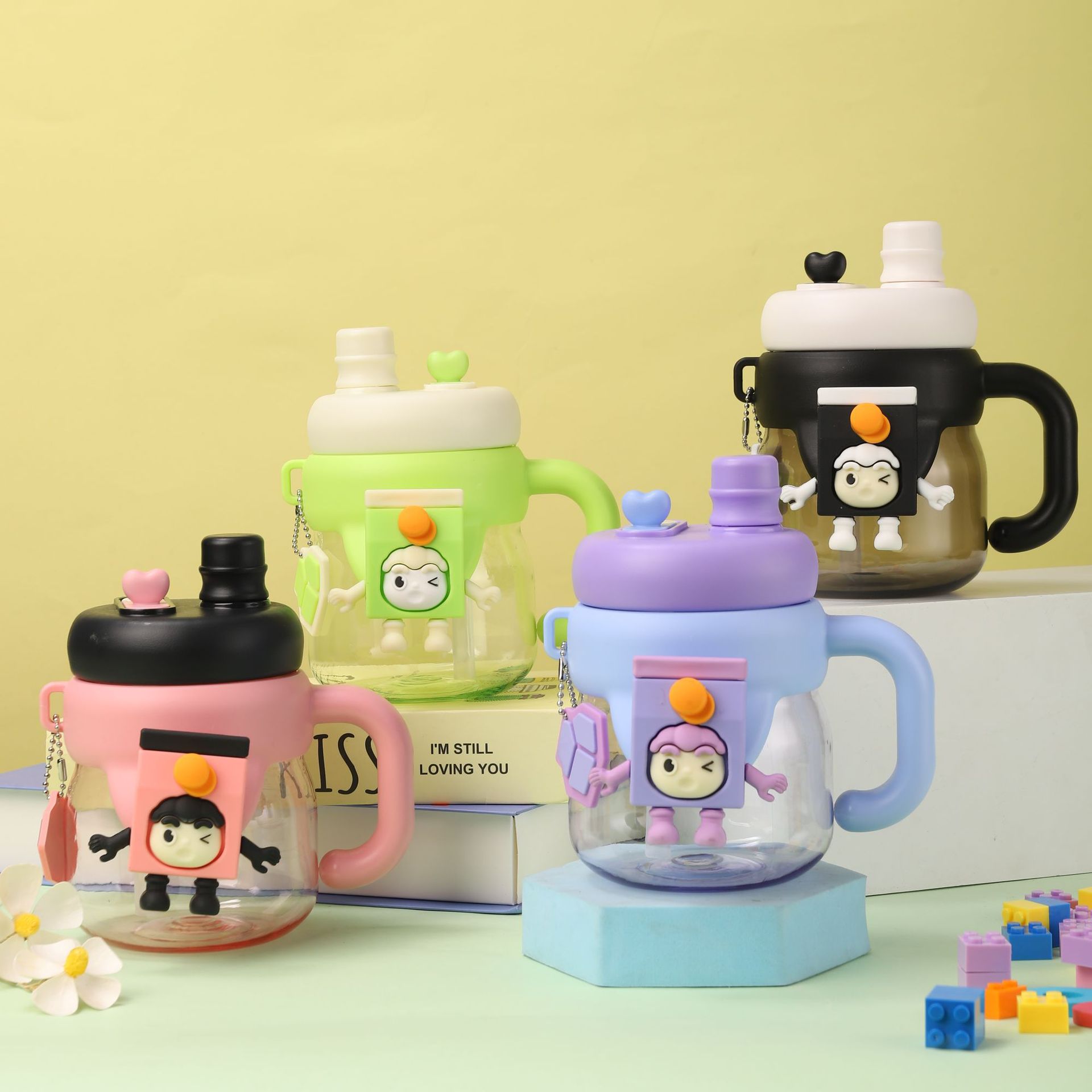 Cartoon Doll Water Cup with Handle Good-looking Portable Compact Plastic Cup Cute Fun Cup with Straw Factory Wholesale