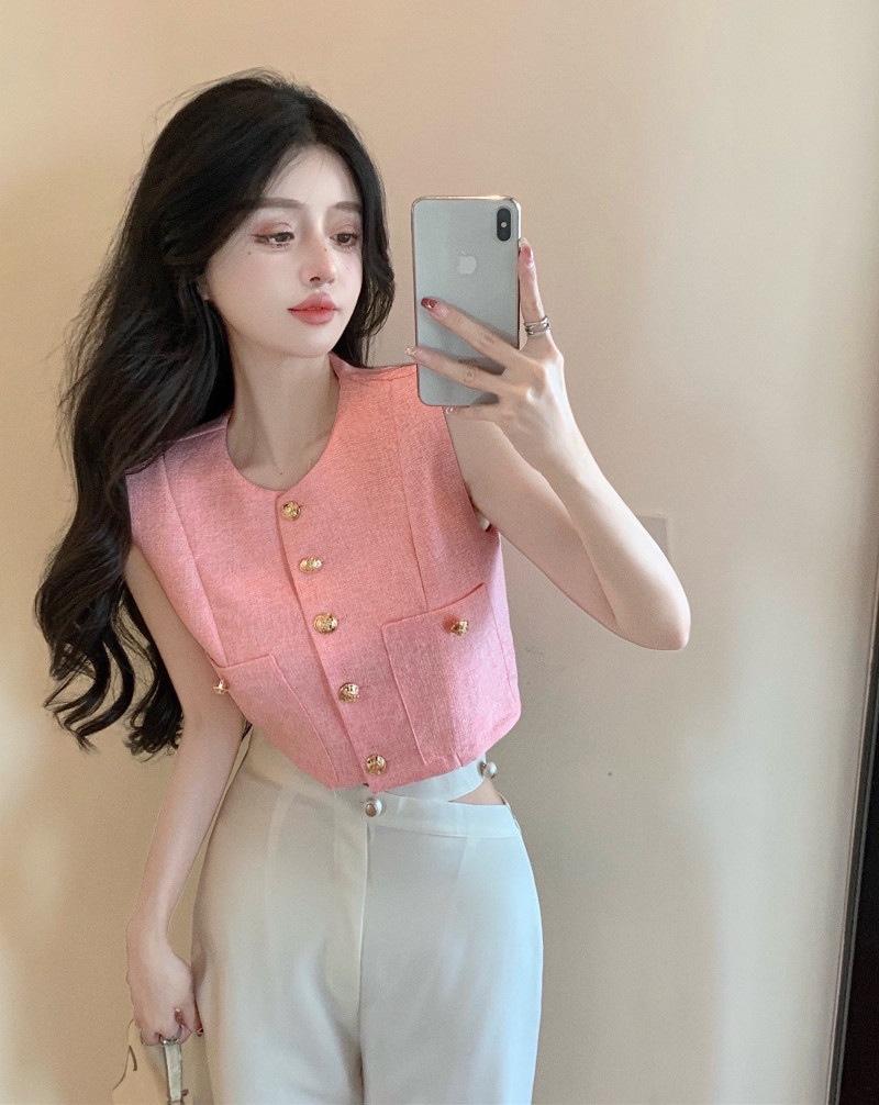 港味法式小香风粉色马甲背心女夏季外搭设计感短款气质马夹上衣潮