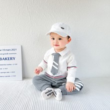 婴幼儿连体衣韩版春秋绅士爬服拼色满月周岁服领带款哈衣外出服