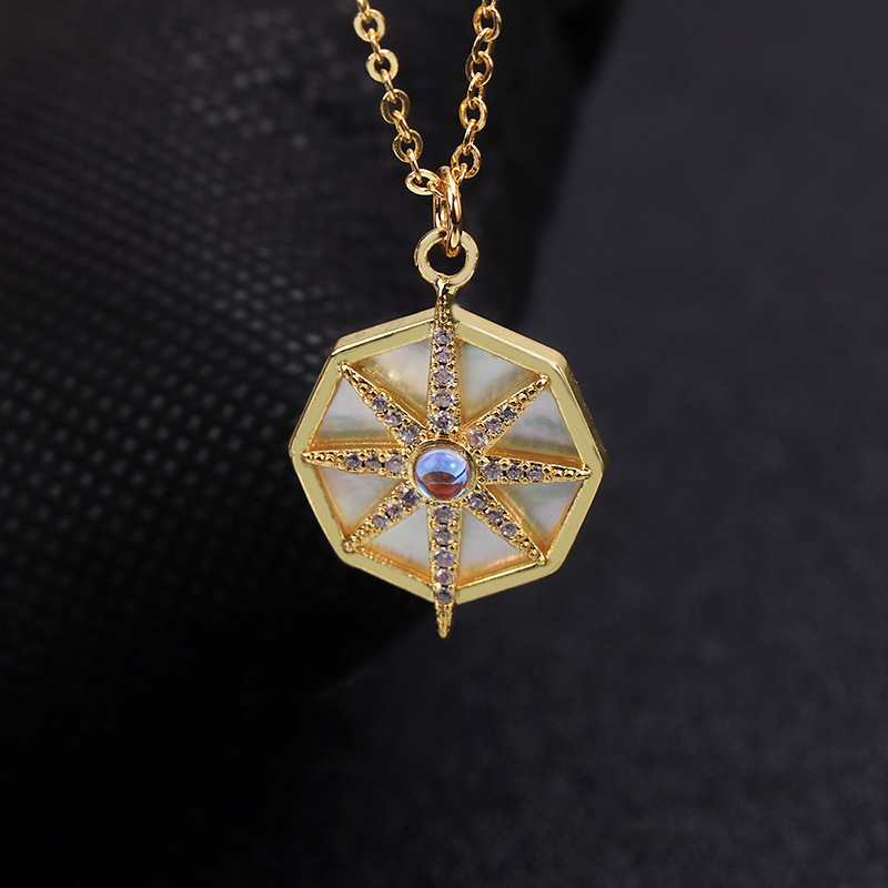欧美八芒星罗盘造型项链女时尚经典镶嵌白贝母黑玛瑙吊坠锁骨链