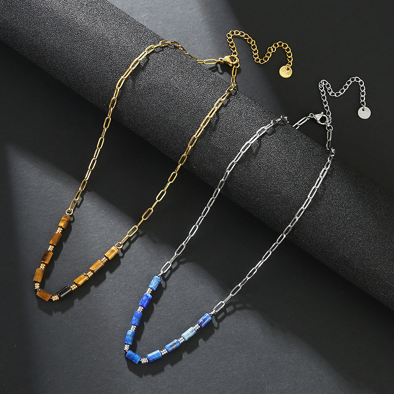 Fashion Stainless Steel Jewelry High Quality Waterproof 18K Gold Clip Chain Tiger Eye Lapis Head Beaded Necklace for Women