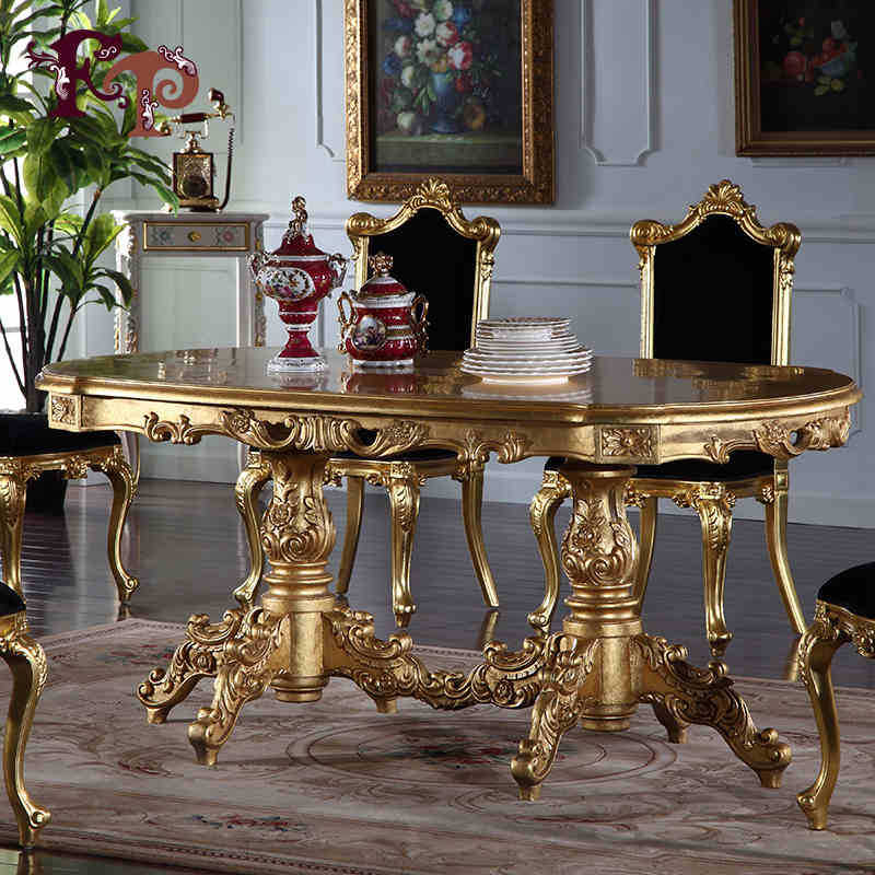巴洛克风格全贴金箔土豪金色家具实木桌子雕刻椭圆餐桌0211餐台