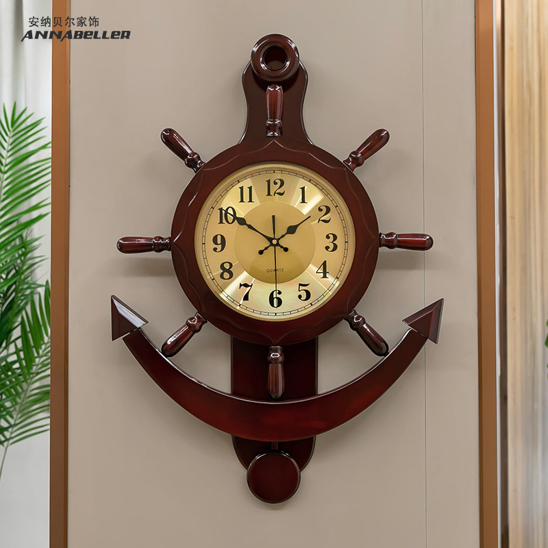 新中式船舵壁挂钟风客厅创意舵手时钟家用钟表大气装饰石英钟