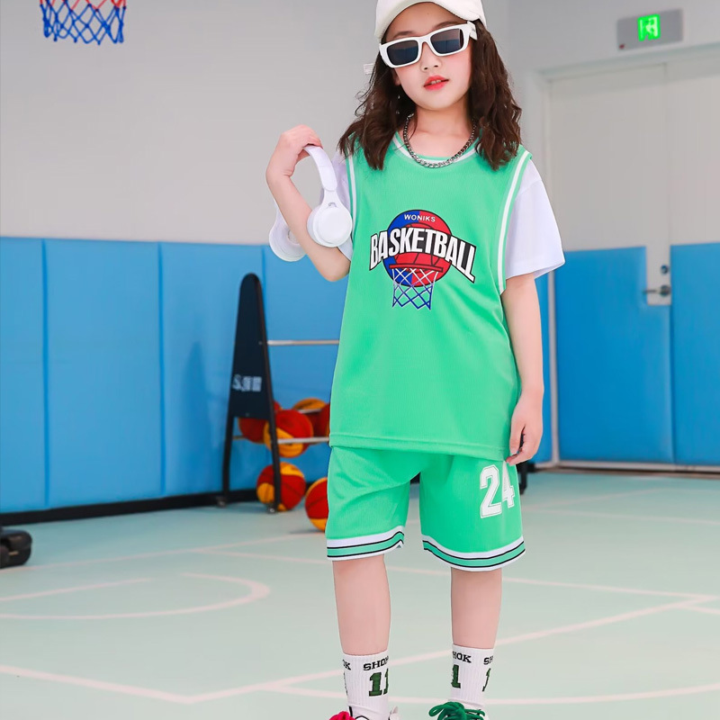 Children's Basketball Clothes Summer Boys and Girls Ball Uniform Fake Two Pieces Polo Shirt Suit Short Sleeve Sports Training Performance Basketball Jersey