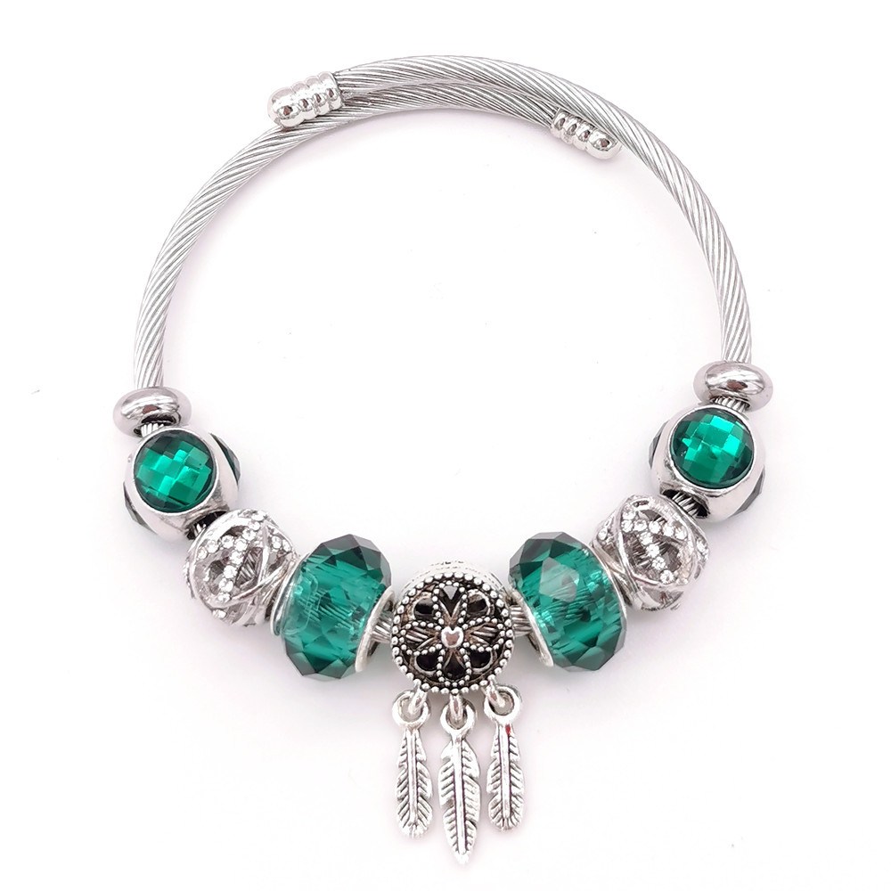 欧美跨境 捕梦网流苏绿色水晶串珠手链 diy可调节钢丝手链手镯