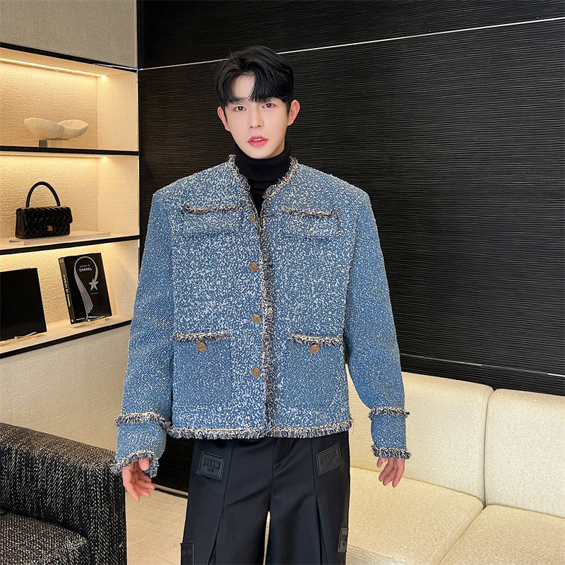 网红重磅水洗花牛仔廓阔形小香风外套男痞帅上衣男明星同款厚5165