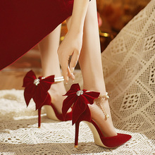红色秀禾婚鞋细跟尖头高跟鞋女单鞋新款蝴蝶结珍珠不累脚新娘鞋渊