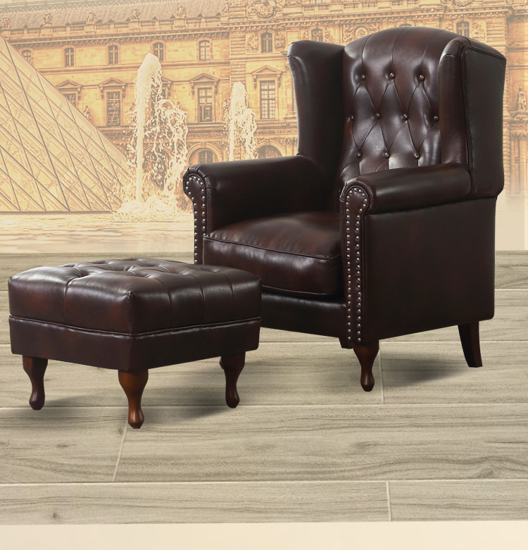 设计师轻奢单人沙发椅子美式复古皮质极简老虎椅真皮拉扣高背单椅