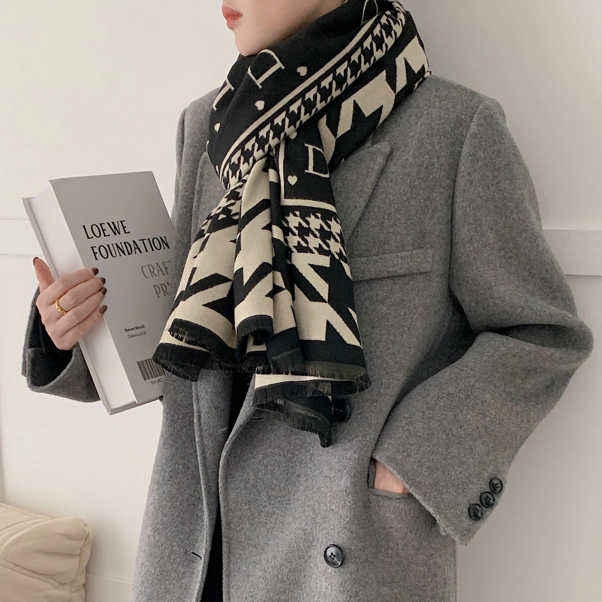 Korean Style 2023 Autumn and Winter Versatile Retro Houndstooth Artificial Cashmere Scarf Shawl Dual-Use Warm Space Room Scarf