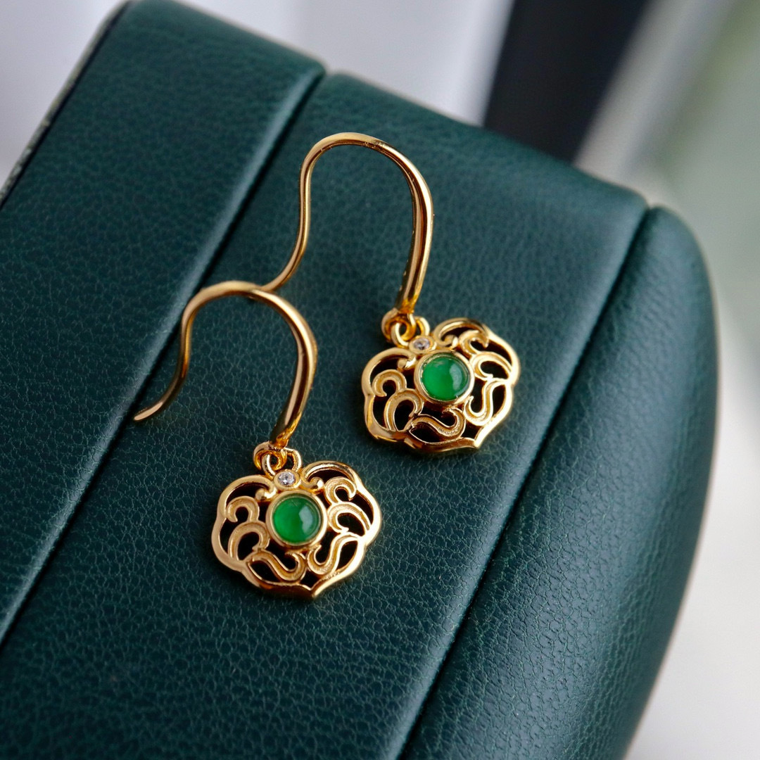 天然翡翠耳钉耳坠新中式如意s925银饰品抖音淘宝小红书直播货源