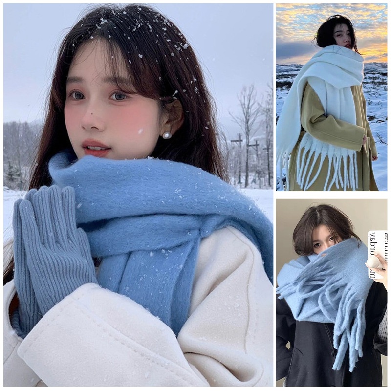 new style solid color haze blue scarf female winter fluffy brushed thickened student white students warm-keeping scarf