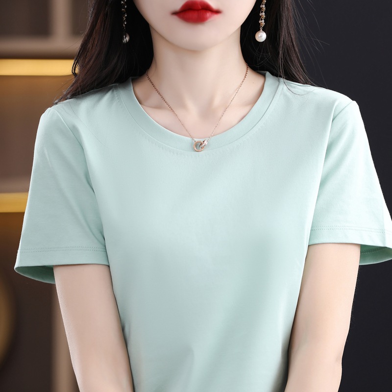 Upgraded 80 Mercerized Cotton Short-Sleeved Women's Summer Women's round V-neck Loose Basic Style Cotton T-shirt All-Match Top T-shirt Women Clothes