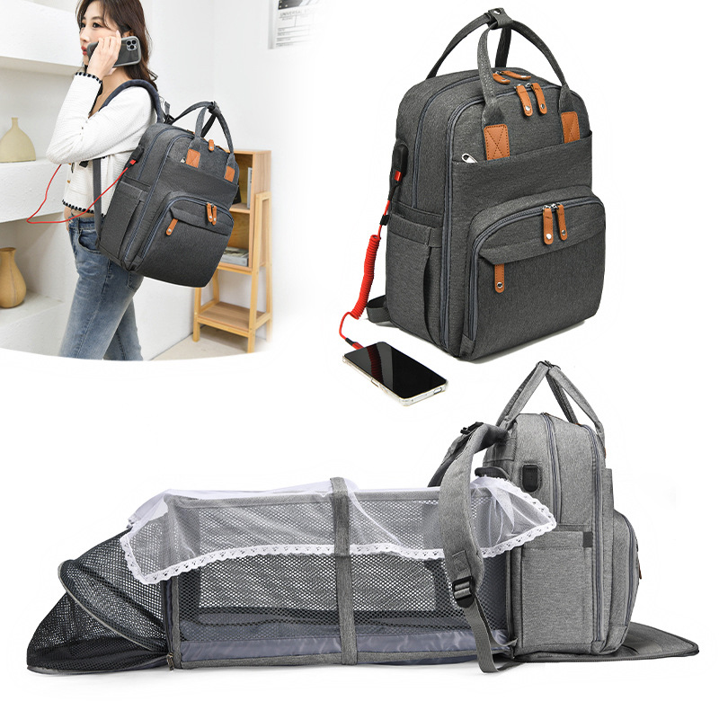 New Mummy Bag Bed Folding Multifunctional Crib Extended Version Baby Diaper Bag Bed Mosquito Net Large Capacity USB Charging