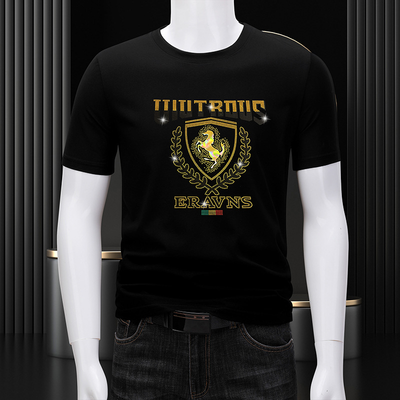 2023潮牌烫钻男装t恤时尚轻奢欧品弹力不起球亮片丝光复古潮战马