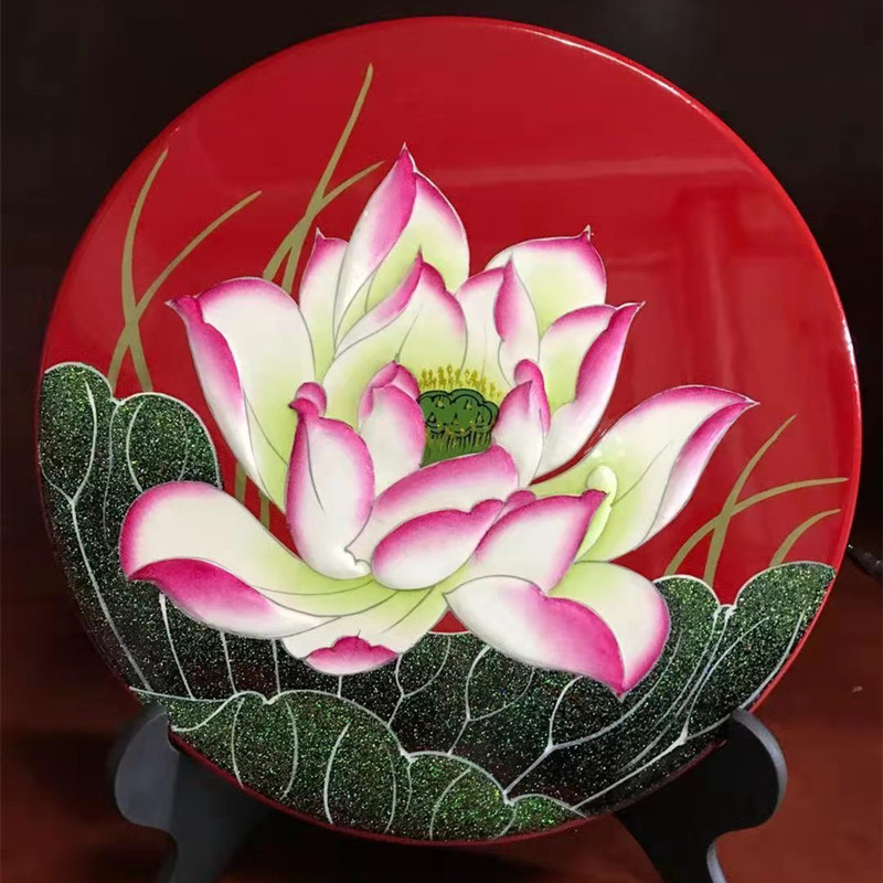 手工彩绘漆器工艺品摆件木质描金彩绘漆画圆盘山西风光装饰品定制