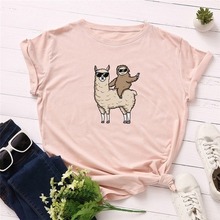 Funny Sloth Alpaca Print Women T Shirt Short Sleeve O Neck L