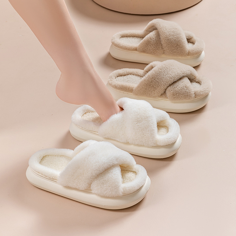 Fluffy Slippers Women's Fall and Winter Outer Wear Non-Slip Indoor Platform Home Furry Confinement Cotton Slippers Open Winter