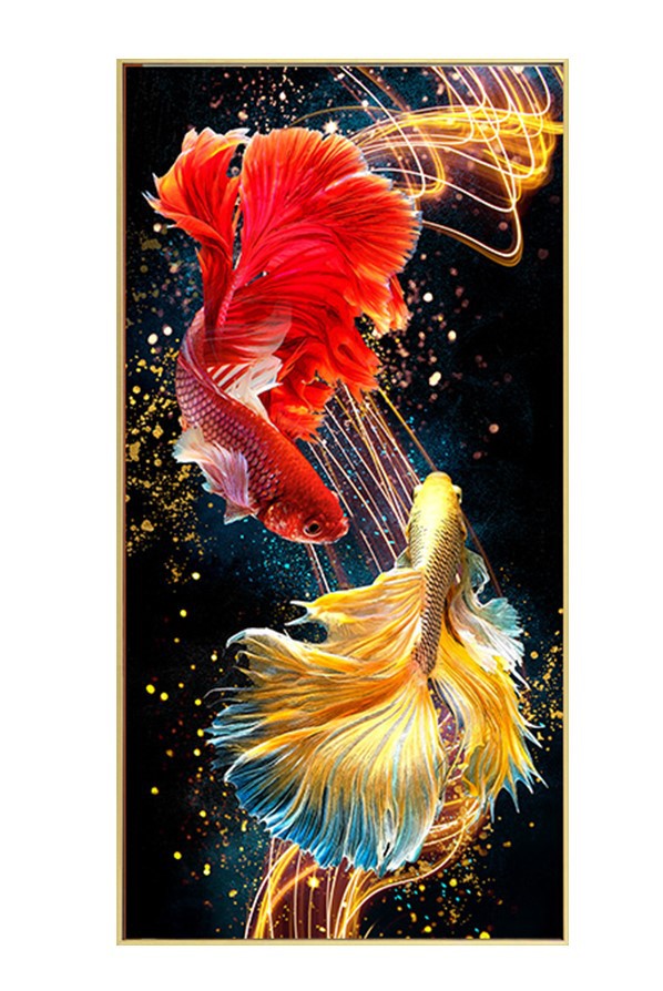 满钻新中式双锦鲤钻石画简约现代玄关点钻十字绣锦鲤携福挂画