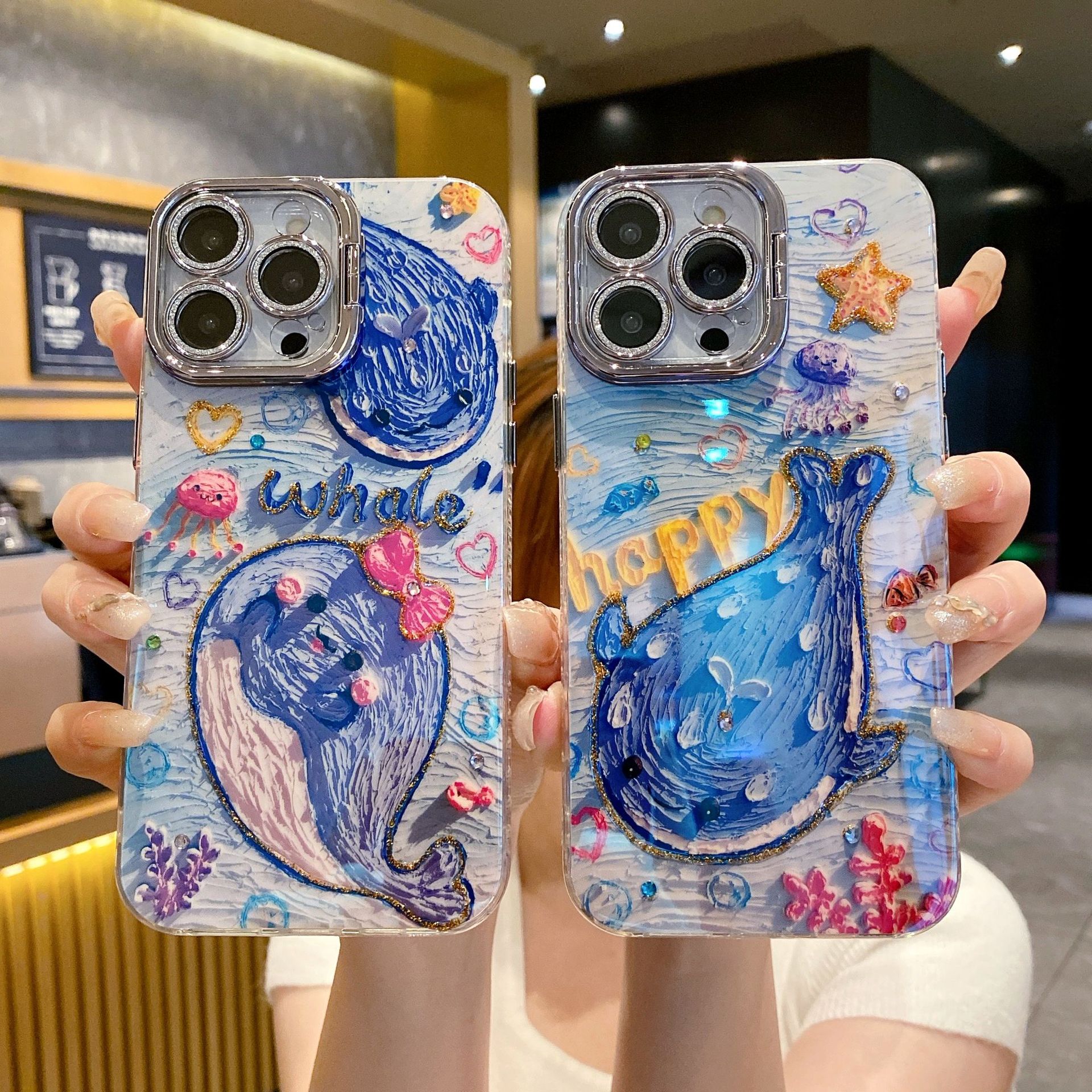 油画彩色城堡鲸鱼适用iPhone16promax手机壳套苹果15镜头支架1314