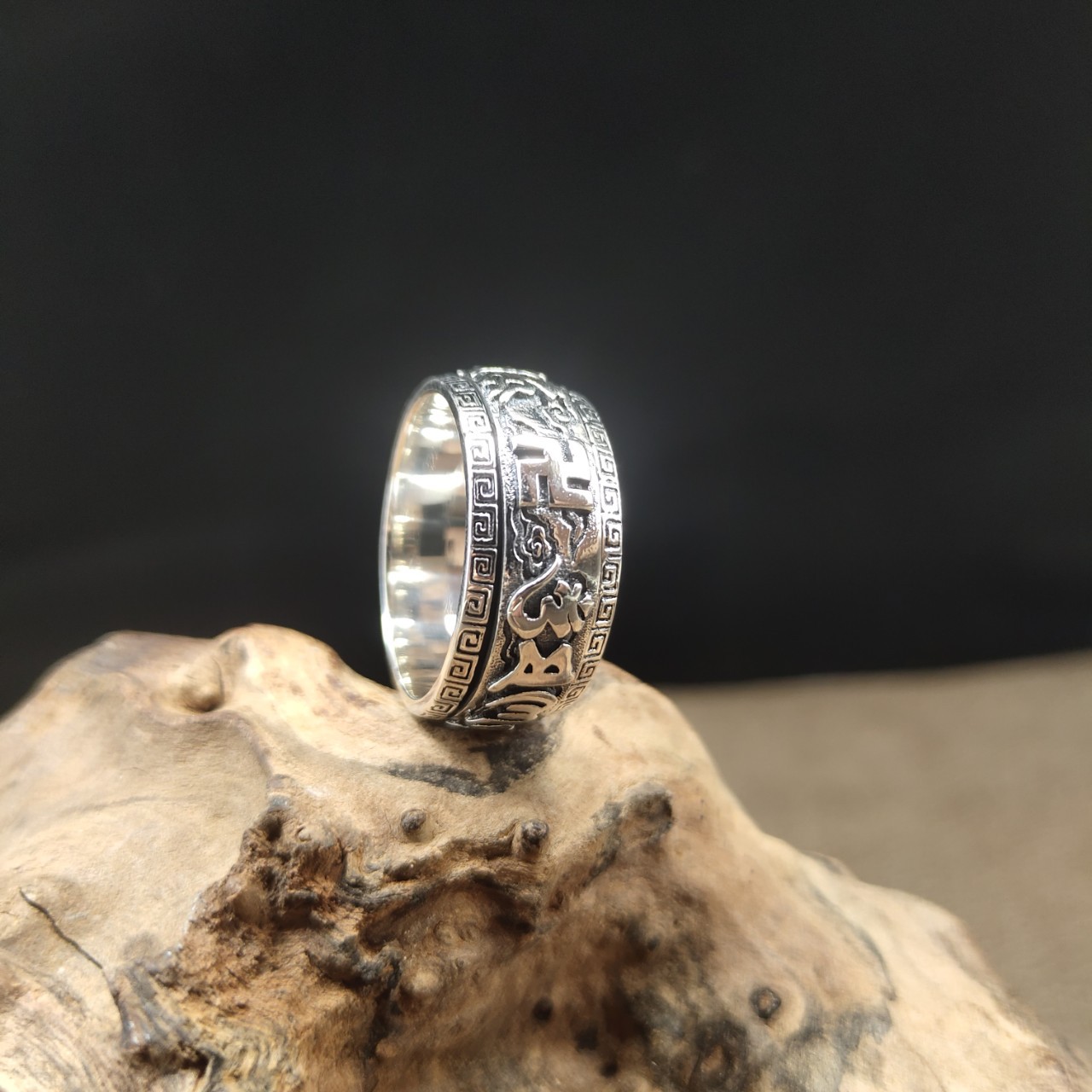 六字真言金刚杵回纹转动转运戒指纯银男士个性潮男国潮汉风情侣女