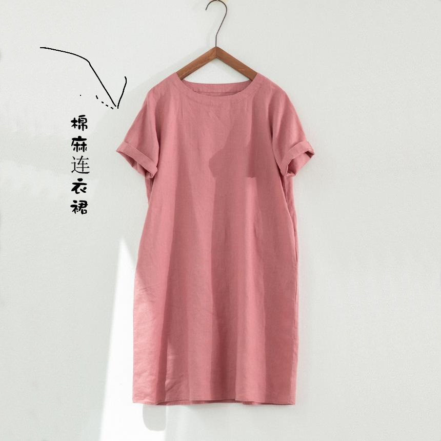 日系出口清仓尾货纯色休闲棉麻连衣裙女夏宽松直筒亚麻大码中长裙