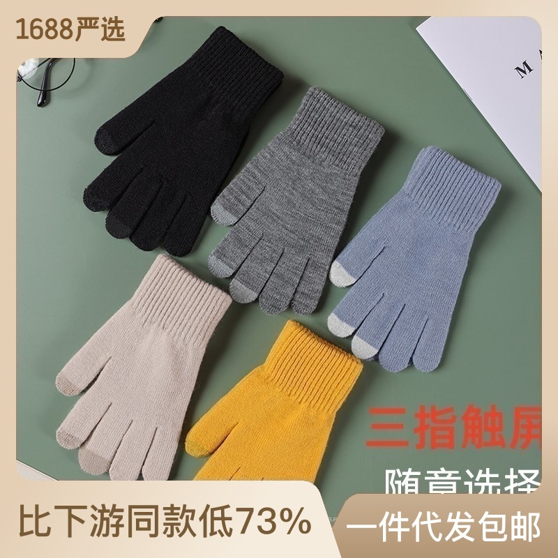 Gloves Men's and Women's Winter Knitting Wool Thickened Riding Touch Screen Cold-Proof Keep Warm Pure Color Finger Wholesale Stall Supply