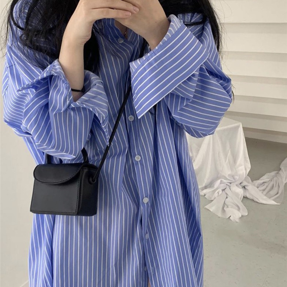 蓝色条纹宽松长款外穿百搭上衣设计感复古心机洋气衬衫女早秋