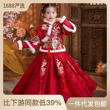 拜年服女童汉服儿童古装旗袍加绒冬季唐装红色新年装加厚冬款套装