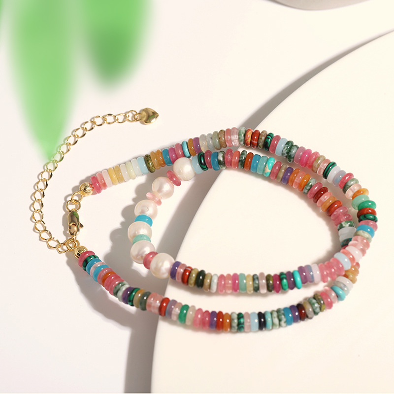 夏季海边百搭气质项链 天然珍珠飞盘石彩色串珠金色项链-阿里巴巴