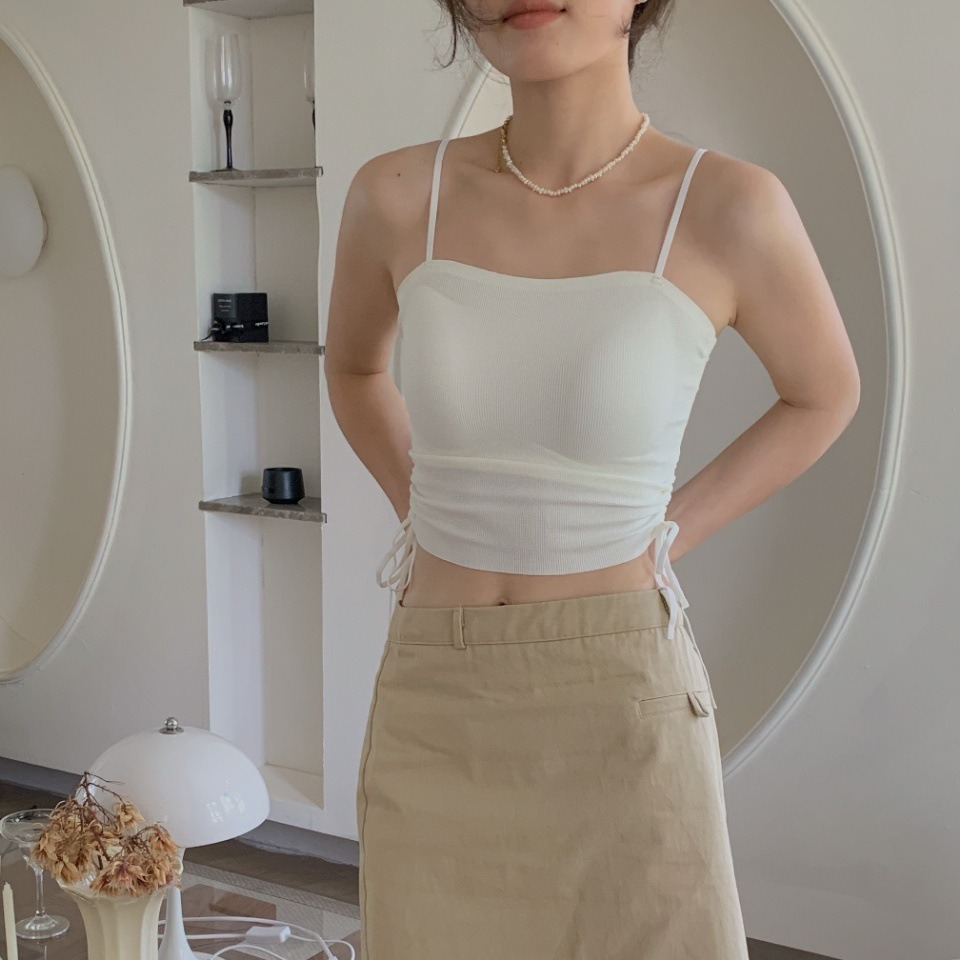 夏季新款华夫格女士吊带侧边抽绳显瘦舒适无痕简约两穿美背内衣女