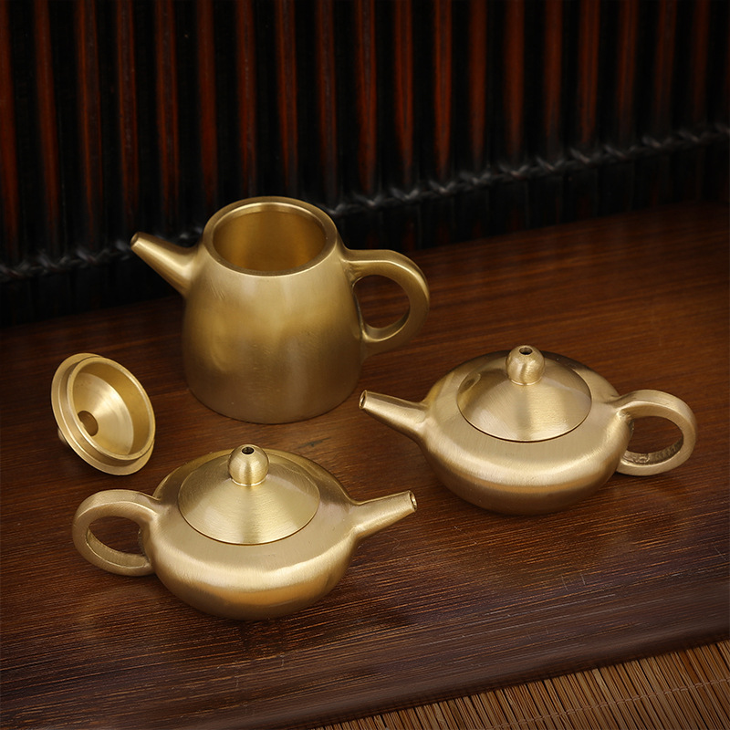 迷你小茶壶把把壶纯黄铜摆件金属铜工艺品办公室茶道茶具小铜器