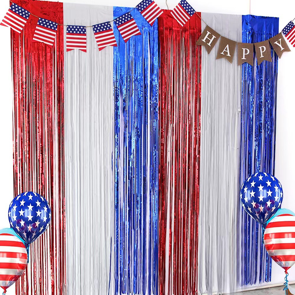 Cross-Border 2023 Us Independence Day Tinsel Curtain Red, White and Blue Stitching Party Decoration Layout Props Supplies