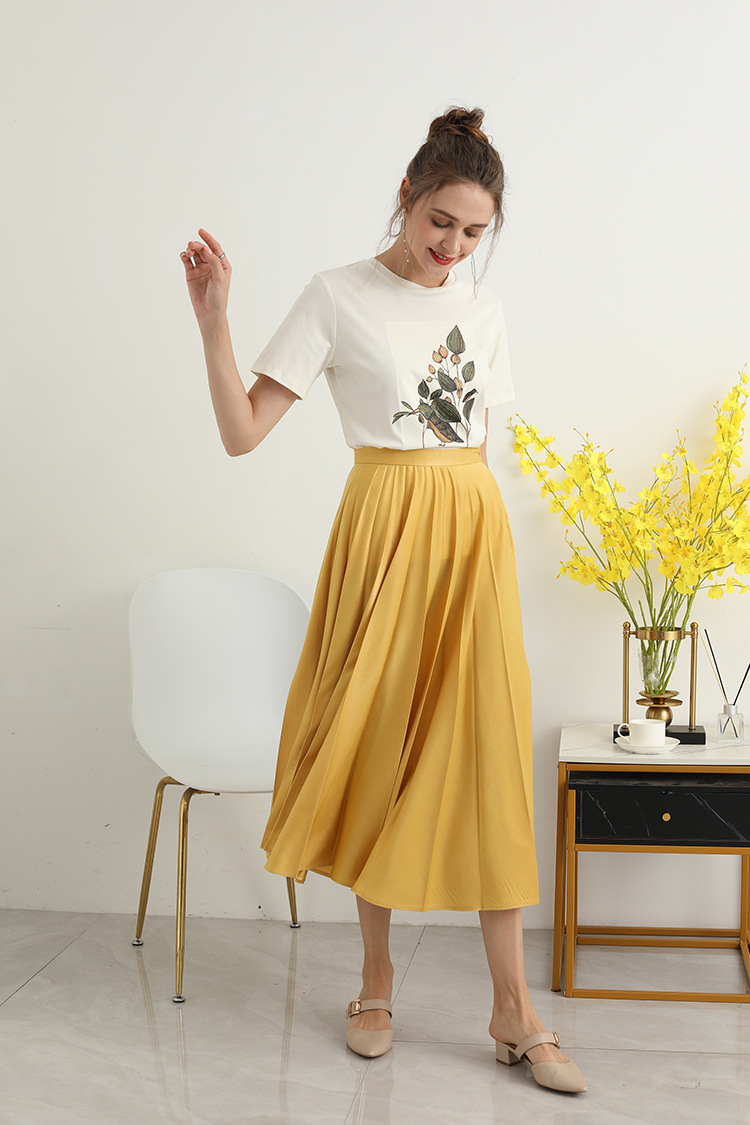 新款复古优雅太阳褶半身裙 大层压折 时尚纯色长裙百褶裙