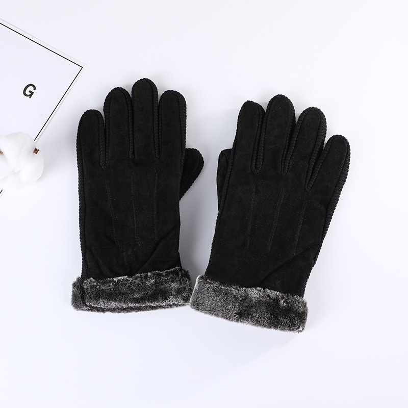 Factory Direct Sales Solid Color Autumn and Winter Men's Thickened Gloves Velvet Lined Warm Gloves Pigskin Outdoor Sports Gloves